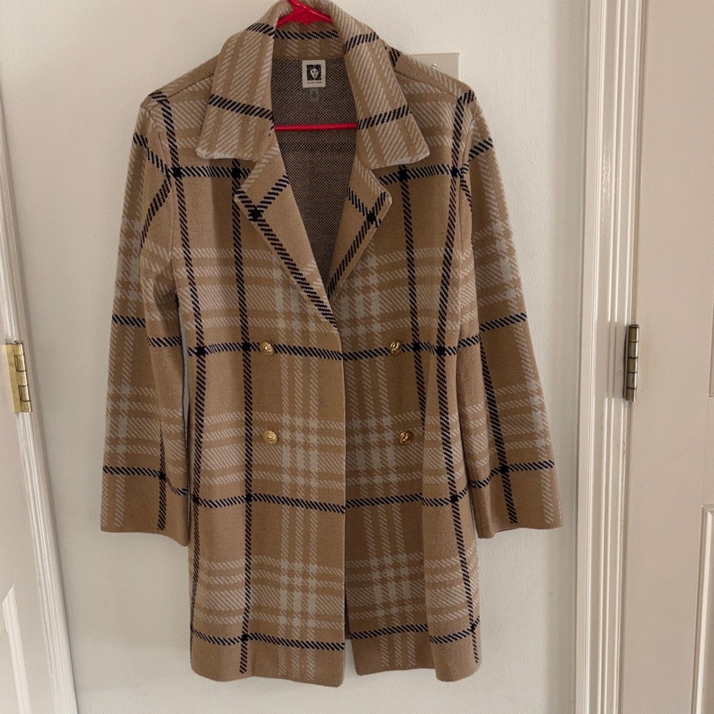 Anne Klein Tan Plaid Pea Coat